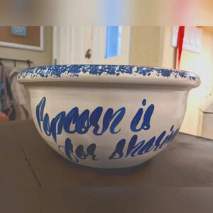 VTG Popcorn Bowl Blue Spongeware That's All Folks stoneware bowl Americana